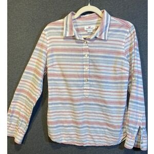 Vineyard Vines Womens 10 Popover Shirt Red Blue Striped Cotton Linen Roll Tab